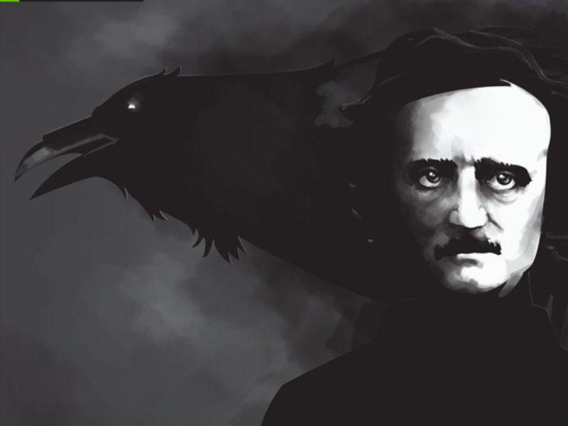 pintura de Edgar Allan Poe con un cuervo en el fondo
